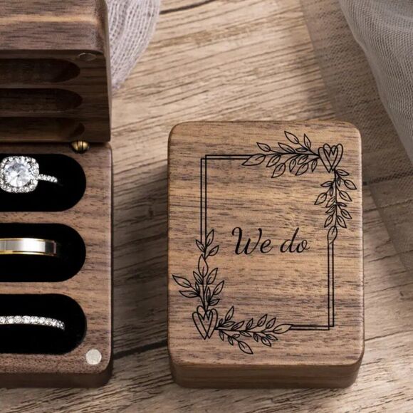 “We Do” Engraved 3 Slot Wooden Ring Box - NWT - Picture 3 of 6